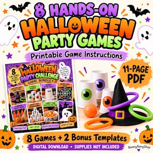 May include: A digital download bundle featuring 8 hands-on Halloween party games with printable instructions. Includes a PDF guide, a black witch hat, three plastic rings in purple, green, and orange, and three white cups with eye graphics.