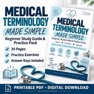 May include: A Medical Terminology Made Simple beginner study guide and practice pack in a printable PDF digital download format. The cover features a teal stethoscope, a heart icon, and text detailing 30 pages of exercises.