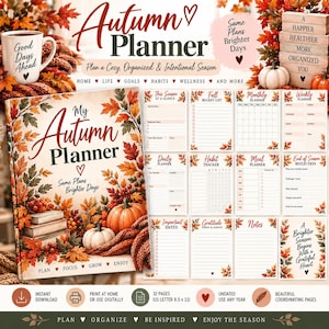 Op de afbeelding: Een herfstthema planner met een omslag vol herfstbladeren, pompoenen en boeken. De set bevat twaalf verschillende pagina-indelingen voor het bijhouden van gewoontes, maaltijden en doelen, inclusief de tekst My Autumn Planner en 32 pagina's.