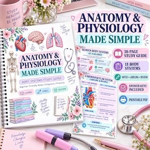 Może przedstawiać: Przewodnik do nauki Anatomy and Physiology Made Simple zawierający książkę ze spiralą z anatomicznymi ilustracjami szkieletu, serca, mózgu i płuc, wraz z 36-stronicowym przewodnikiem, stetoskopem i różowymi długopisami.