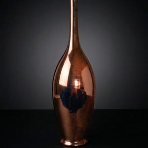 Può includere: Un vaso alto e slanciato con finitura in rame lucido. Il recipiente presenta un corpo arrotondato e bulboso che si restringe in un collo lungo e stretto con un piccolo bordo svasato. La superficie metallica è riflettente e lucida.