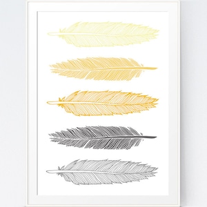 Grey Gray Yellow Feather Print, Mustard and Gray Feather Art, Gold and Grey Wall Art, Home Wall Art Feathers, INSTANT DOWNLOAD