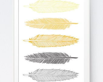 Grey Gray Yellow Feather Print, Mustard and Gray Feather Art, Gold and Grey Wall Art, Home Wall Art Feathers, INSTANT DOWNLOAD