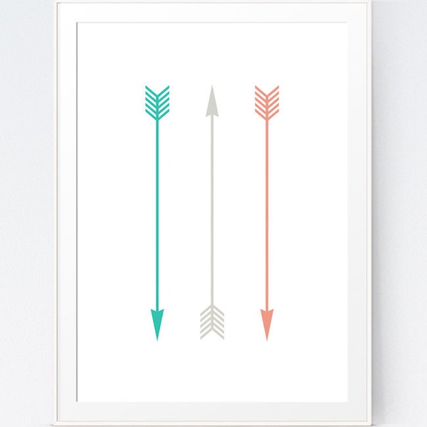 Turquoise Coral Arrows Print, Coral Mint Peach and Grey Arrows, Green Gray and Mint Minimal Printable, Modern Arrows Art, INSTANT DOWNLOAD