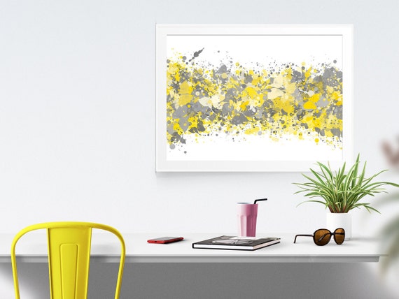 Grey Yellow Abstract Watercolor Print Office Decor Gray Grey Etsy