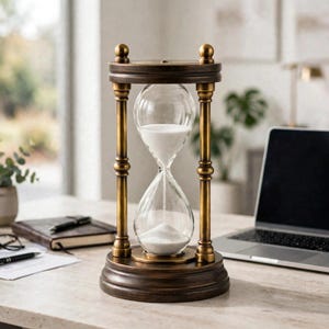 May include: An hourglass featuring a dark bronze-toned metal frame with four vertical pillars and circular top and bottom bases. The clear glass bulb contains white sand, with a portion of the sand currently resting in the bottom chamber.