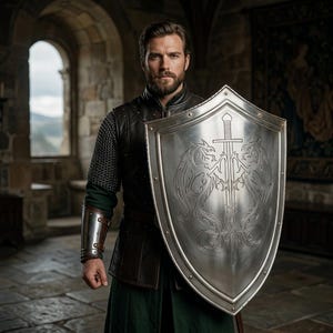 May include: A person with a beard wearing a dark leather vest over a chainmail sleeve and a green tunic, holding a large silver heater shield. The shield features an engraved design of a central sword flanked by two symmetrical dragon figures.