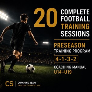 Peut inclure: Un manuel d'entraînement numérique intitulé 20 Complete Football Training Sessions Preseason Training Program 4-1-3-2 U14-U19. Le graphique montre un joueur de football sur un terrain, du texte doré et des icônes pour les séances.