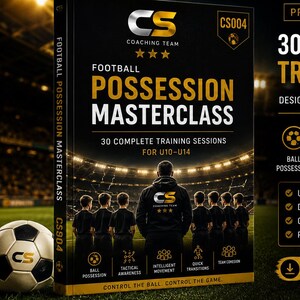 Op de afbeelding: Een digitale trainingsbron getiteld Football Possession Masterclass met 30 complete trainingssessies voor U10-U14. De cover toont een voetbal, een coach en een team op het veld met tekst over tactische focusgebieden en vaardigheden.