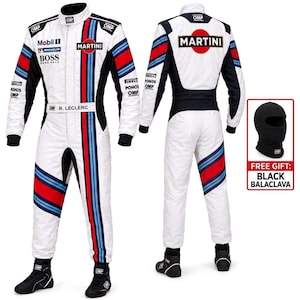 May include: A white racing suit featuring red and blue vertical stripes, OMP, Mobil 1, Michelin, BOSS, and Martini logos, with the name R. LECLERC on the belt. The set includes a black balaclava. The suit is shown from both front and back views.