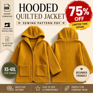 Peut inclure: Un patron de couture numérique pour une veste matelassée à capuche jaune moutarde. L'image montre les vues avant et arrière de la veste, avec une texture côtelée, des manches longues et deux poches plaquées. Le texte indique HOODED QUILTED JACKET, SEWING PATTERN PDF, XS-4XL SIZE RANGE et BEGINNER FRIENDLY.