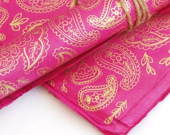 Lokta Wrapping Paper, Gold Paisley Print on Cerise, Hand made and Fair Trade