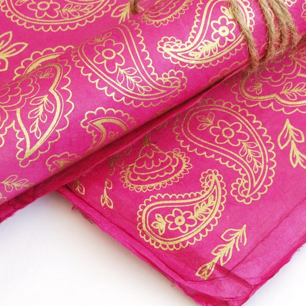 Lokta Wrapping Paper, Gold Paisley Print on Cerise, Hand made and Fair Trade