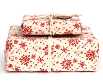 Fabric Gift Wrap, Organic Cotton, Festive Snowflake Print in Burgundy, plastic free reusable gift wrapping