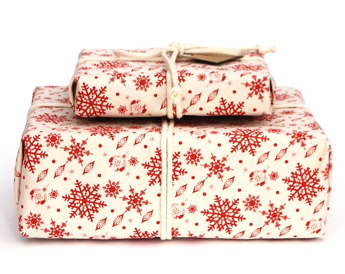 Fabric Gift Wrap, Organic Cotton, Festive Snowflake Print in Burgundy, plastic free reusable gift wrapping