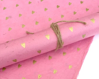 Gold Hearts on Hand made and Fair Trade Lokta Paper, Pink