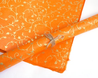Lokta Wrapping Paper, Gold Floral on Orange, Hand made and Fair Trade