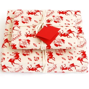 Organic Cotton Fabric Gift Wrap, Christmas Reindeer & Baubles Eco Wrapping Plastic Free image 10