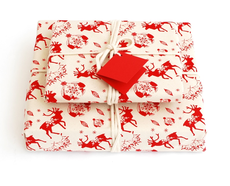 Organic Cotton Fabric Gift Wrap, Christmas Reindeer & Baubles Eco Wrapping Plastic Free image 10