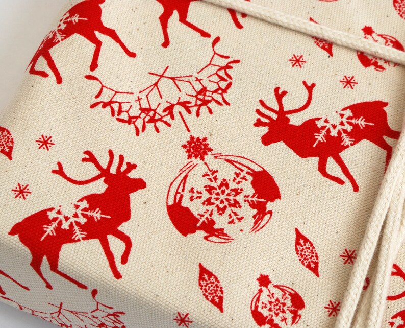 Organic Cotton Fabric Gift Wrap, Christmas Reindeer & Baubles Eco Wrapping Plastic Free image 2