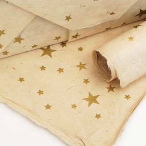 Lokta Wrapping Paper, Gold Stars on Natural Hand made and Fair Trade Paper