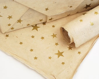 Lokta Wrapping Paper, Gold Stars on Natural Hand made and Fair Trade Paper