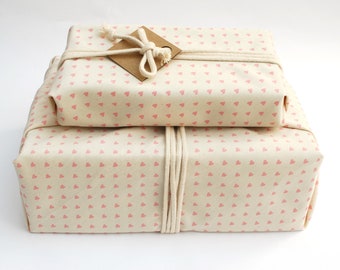 Fabric Gift Wrap, Organic Cotton, Mini Heart Print in Pale Pink, plastic free reusable gift wrapping Valentines