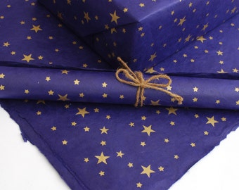 Lokta Wrapping Paper, Gold Stars on Hand made and Fair Trade Paper, Cornflower Blue