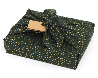Furoshiki gift wrap, 100% Cotton, Christmas Mini Gold Stars on Bottle Green Cotton Fabric