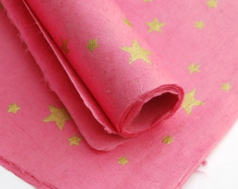 Lokta Wrapping Paper, Gold Stars on Hand made and Fair Trade Paper, Pink
