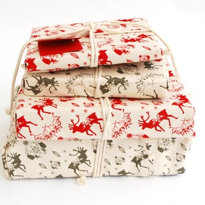 Organic Cotton Fabric Gift Wrap, Christmas Reindeer & Baubles Eco Wrapping Plastic Free image 1