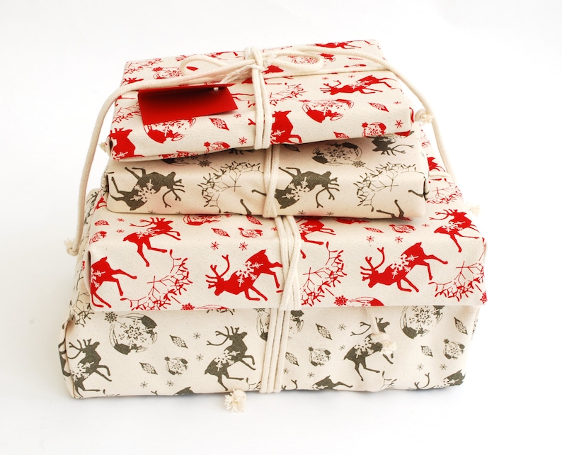 Organic Cotton Fabric Gift Wrap, Christmas Reindeer & Baubles Eco Wrapping Plastic Free image 1