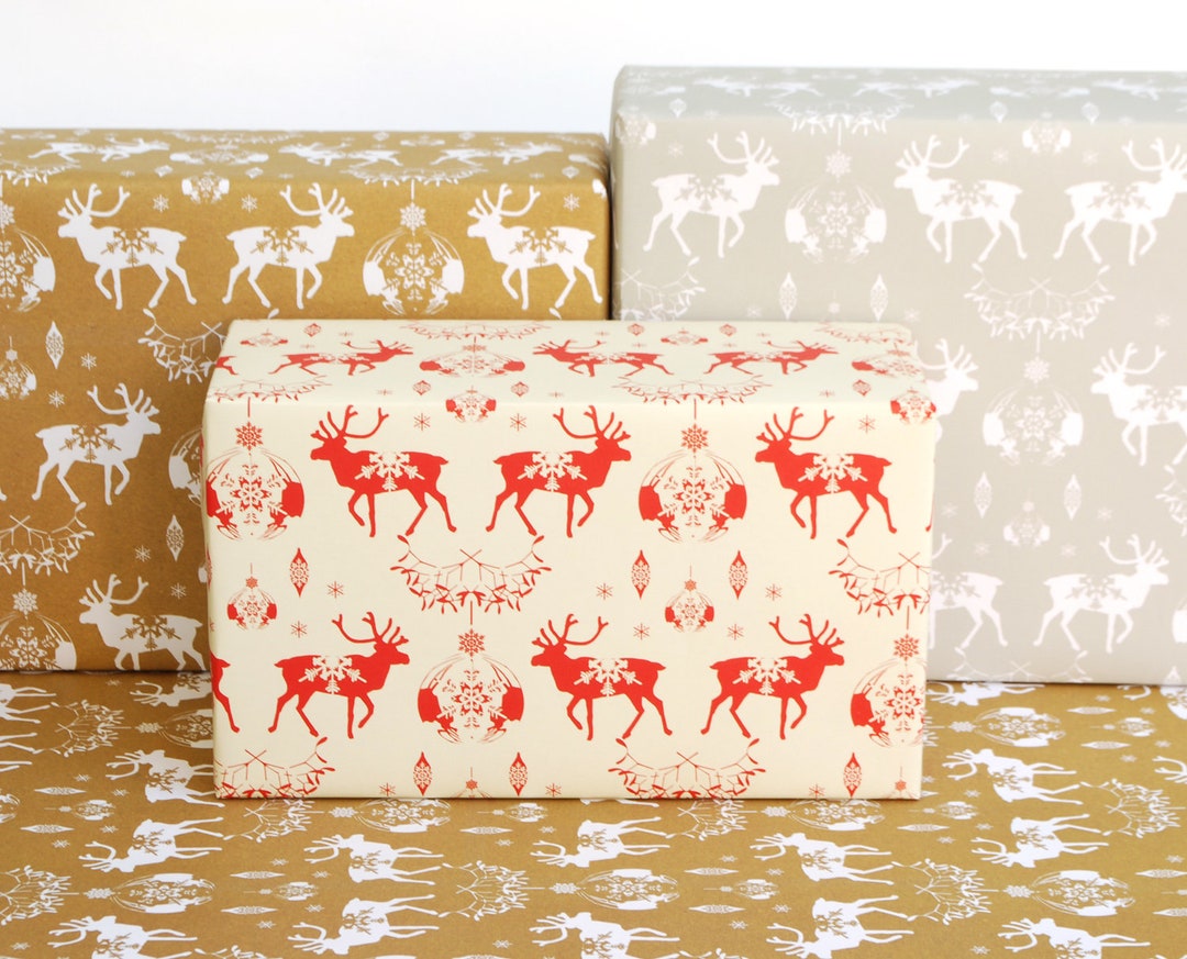 Recycled Wrapping Paper, Christmas Reindeer Baubles and Snowflakes, Eco