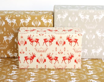 Recycled Wrapping Paper, Christmas Reindeer Baubles and Snowflakes, eco friendly inks