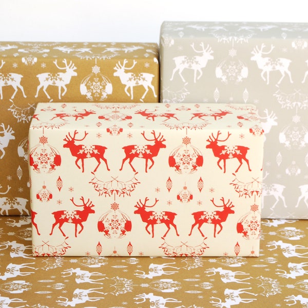 Recycled Wrapping Paper, Christmas Reindeer Baubles and Snowflakes, eco friendly inks