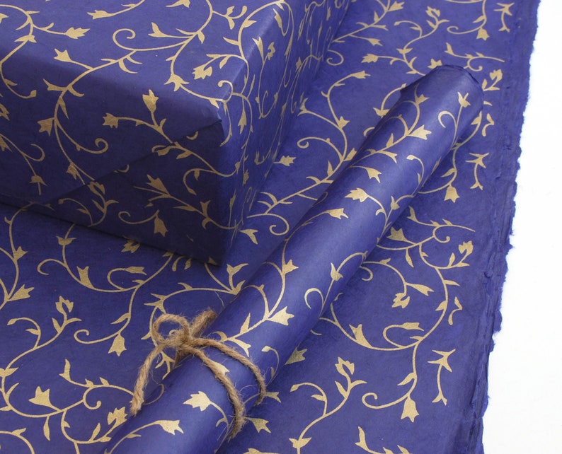 Lokta Wrapping Paper, Gold Floral on Cornflower Blue, Hand made and Fair Trade image 3