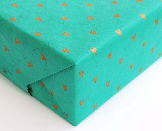 Gold Stars on Hand made and Fair Trade Paper Aqua Lokta Wrapping Paper