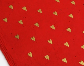 Gold Hearts on Hand made and Fair Trade Lokta Paper, Red Cherry Colour Giftwrap