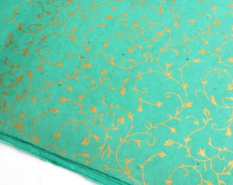 Lokta Wrapping Paper, Gold Floral on Aqua Blue, Hand made and Fair Trade