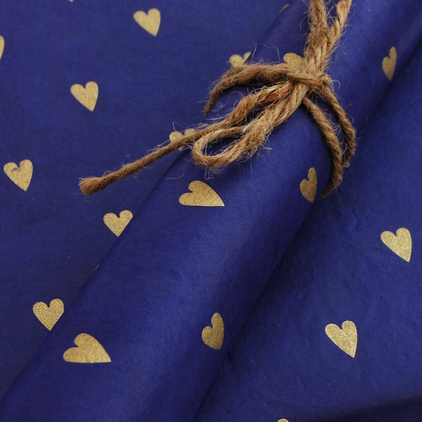 Gold Hearts on Hand made and Fair Trade Lokta Paper, Cornflower Blue
