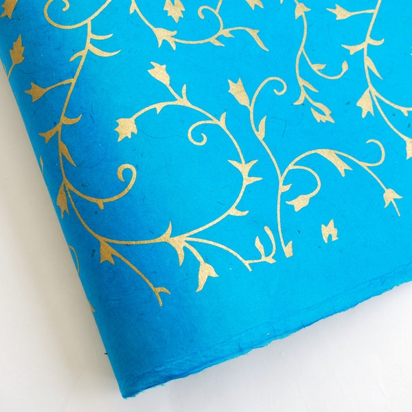 Lokta Wrapping Paper, Gold Floral on Turquoise, Hand made and Fair Trade