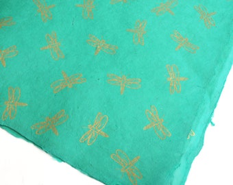 Lokta Wrapping Paper, Gold Dragonfly on Aqua Blue, Hand made and Fair Trade