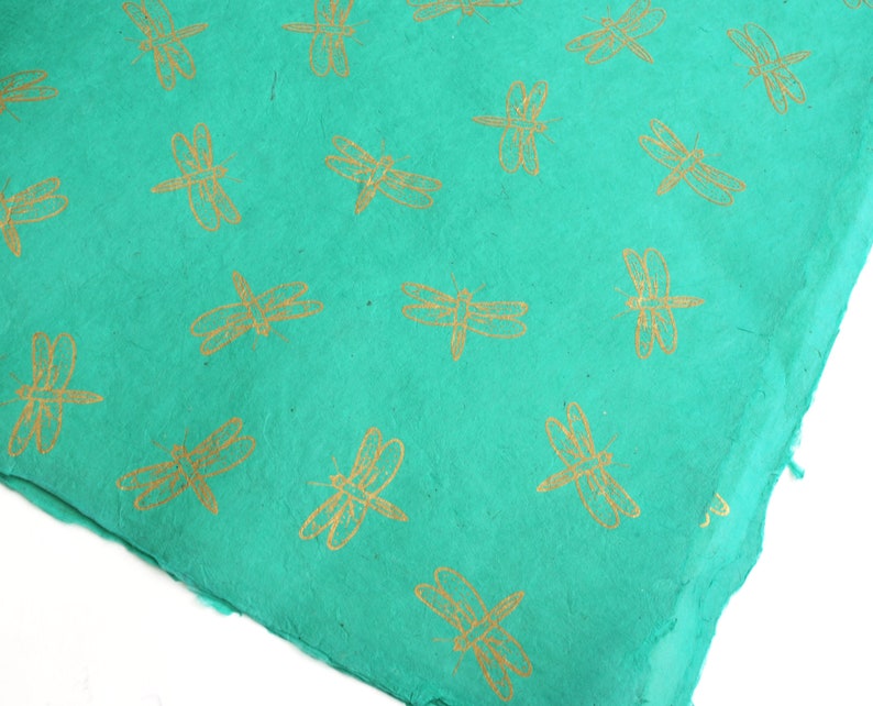 Lokta Wrapping Paper, Gold Dragonfly on Aqua Blue, Hand made and Fair Trade image 1