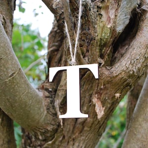 May include: White wooden letter T hanging from a tree branch with twine.