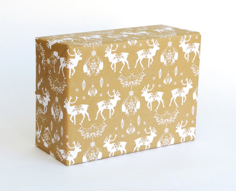 Recycled Wrapping Paper, Christmas Reindeer Baubles and Snowflakes, eco friendly inks image 6