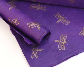 Lokta Wrapping Paper, Gold Dragonfly on Purple Dye, Hand made and Fair Trade