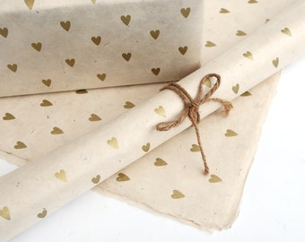 Gold Hearts on Hand made and Fair Trade Lokta Paper, Natural Giftwrap