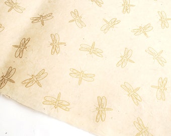 Lokta Wrapping Paper, Gold Dragonfly on Natural, Hand made and Fair Trade