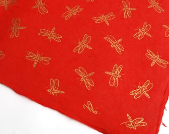 Lokta Wrapping Paper, Gold Dragonfly on Red, Hand made and Fair Trade