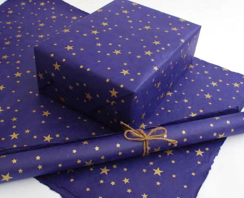 Lokta Wrapping Paper, Gold Stars on Hand made and Fair Trade Paper, Cornflower Blue image 4